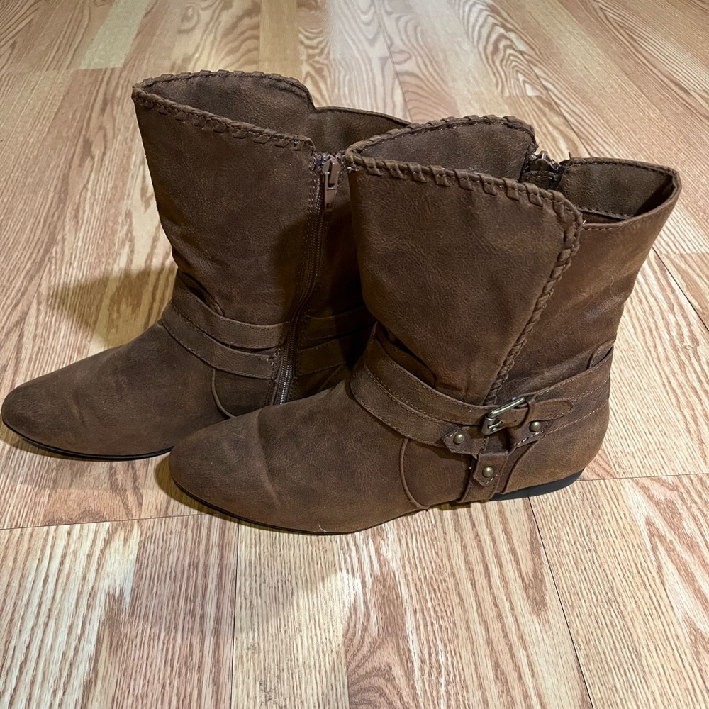 Brown buckle ankle boots